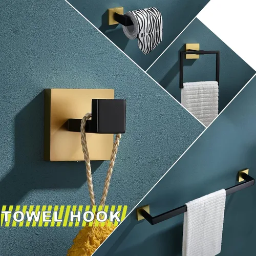 Miniatura 2 de Juego de 4 soportes para toallas de baño, juego de accesorios de baño de acero inoxidable negro y dorado, montaje en pared, 23.6 pulgadas