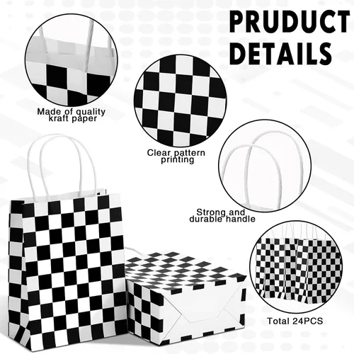 Miniatura 3 de Gersoniel 24 bolsas a cuadros para golosinas de carreras, color blanco y negro, bolsas a cuadros con temática de racecar, contenedores de dulces