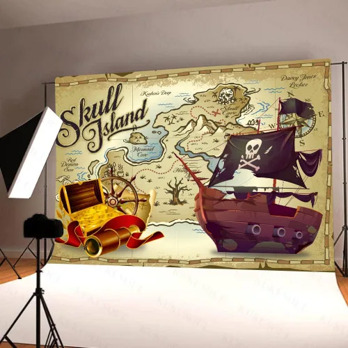 Miniatura 4 de KUBZT537 - Telón de fondo de fiesta pirata de 7 x 5 pies, fondo de mapa del tesoro pirata, suministros de cumpleaños para niños, decoración de baby