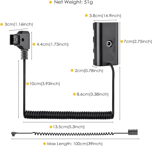 Miniatura 6 de D-Tap a NP-F970 - Cable de alimentación en espiral con batería ficticia compatible con Sony NP-F550/770/570 Panel de alimentación Feelworld Atomos