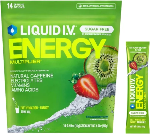 Liquid I.V.® Multiplicador de hidratación sin azúcar, sin energía, fresa y kiwi, mezcla de bebida en polvo con electrolitos, 1 paquete (14 porciones)
