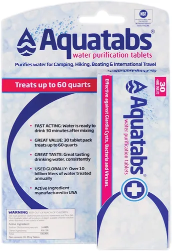 Aquatabs Tabletas de purificación de agua de 49 mg (paquete de 30). Purificador de agua portátil para artículos esenciales de campamento, equipo
