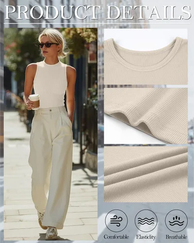 Miniatura 4 de Paquete de 3 camisetas sin mangas de algodón para mujer, de punto acanalado, casuales, básicas, de cuello redondo, ajustadas, de verano, con espalda