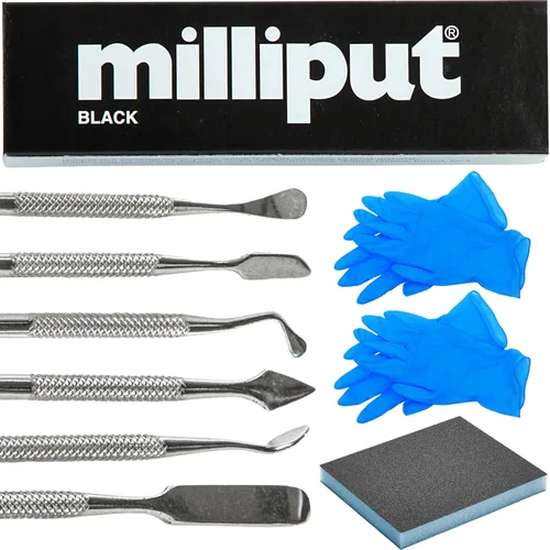 Milliput - Resina epoxi en juego de 10 piezas, versión negra - con herramientas de escultura, almohadilla de lijado y guantes - Arcilla moldeable al