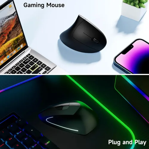 Miniatura 4 de Ratón inalámbrico vertical ergonómico, elegante, recargable, 2.4G, ratón óptico inalámbrico con receptor USB, 800/1200/1600 DPI, 5 botones para Negro