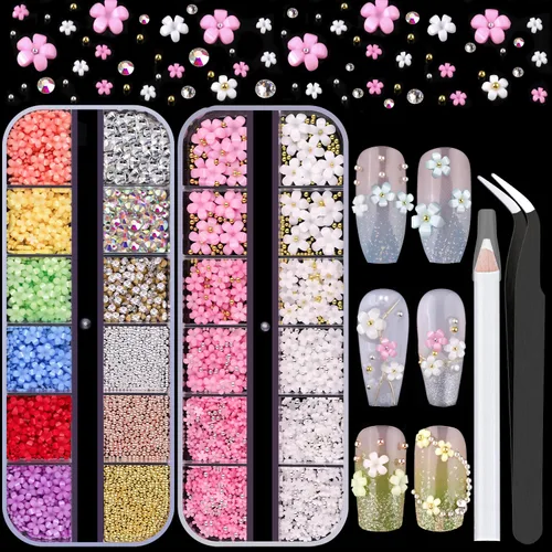 Miniatura 13 de Dijes para uñas 3D, kit de manicura con gel de pegamento de diamantes de imitación para uñas (curado UV), mariposa blanca rosa flor gemas AB 03-2