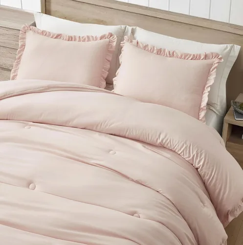 Miniatura 3 de Chezmoi Collection Nora Blush - Juego de edredón tamaño individual, 2 piezas, ligero, suave, lavado a la piedra, con volantes, ropa de cama Shabby