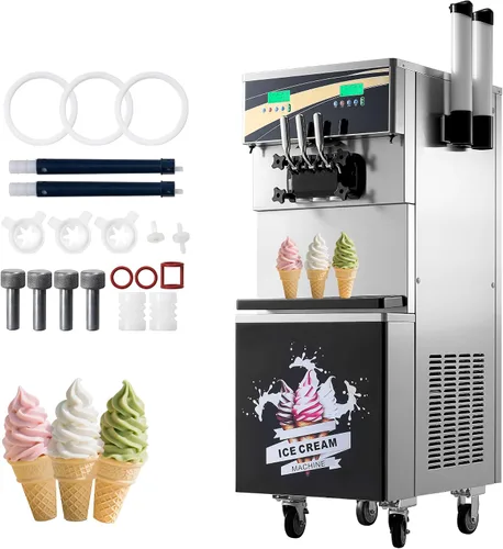Jocisland Máquina de helado suave comercial de 45L/H, máquina de helado de 3 sabores de 2900 W, compresores duales, cilindro de acero inoxidable de