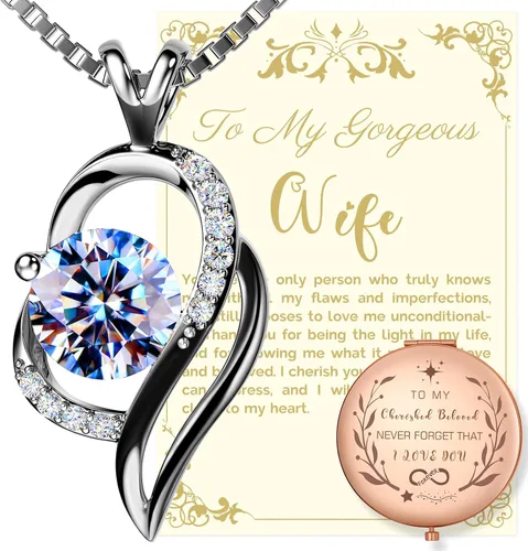 Collar de diamantes de moissanita para mujer con espejo compacto de oro rosa y tarjeta de mensaje, regalos para mujer/esposa/novia/alma gemela,