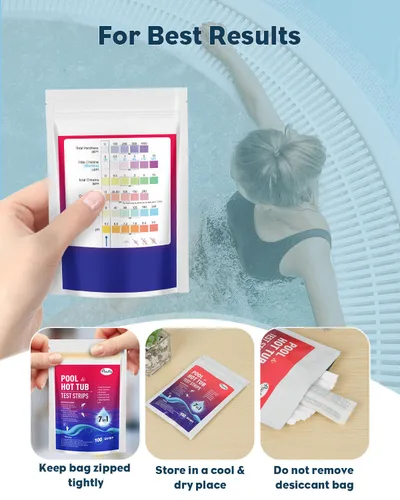 Miniatura 5 de Pawfly Tiras de prueba 7 en 1 para piscina, 100 tiras de prueba de spa y bañera de hidromasaje, tiras rápidas y precisas, kit de prueba de agua