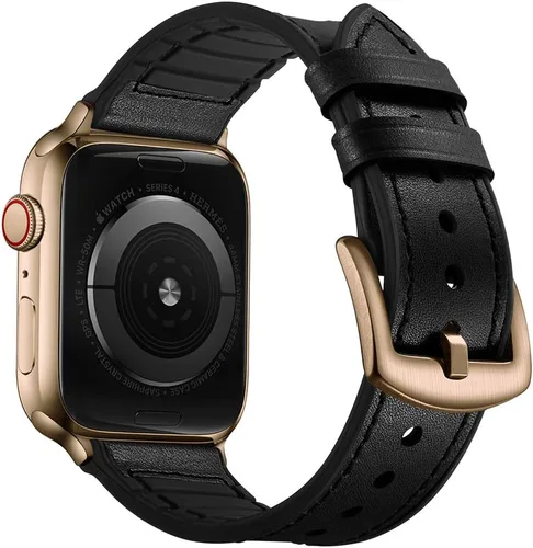 Miniatura 13 de OUHENG Correas de cuero compatibles con Apple Watch de 42mm 41mm 40mm 38mm, correa híbrida de cuero genuino y goma para iWatch Series 11 10 9 8 7 6