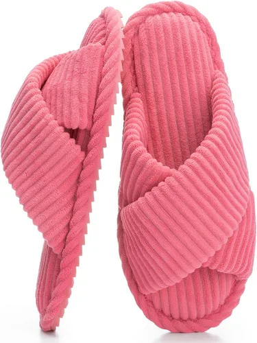 Miniatura 8 de GOEWY - Pantuflas para mujer con espuma viscoelástica para el hogar, con entretejido de pana, tiras cruzadas, con punta abierta, sandalias cómodas