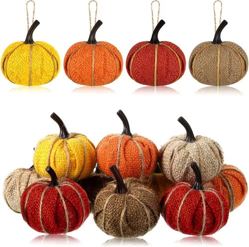 Miniatura 10 de Kajaia 12 piezas de mini adornos colgantes de calabaza de otoño de Acción de Gracias para árbol de 2.05 pulgadas, tela de arpillera, calabaza