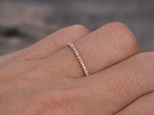 Miniatura 5 de Anillo de boda de oro rosa de 14 quilates, media eternidad, anillo apilable, micro pavé, banda fina a juego