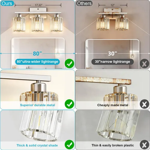 Miniatura 4 de GOLSPARK Modern Crystal Bathroom Vanity Light, Brushed Nickel Bathroom Lighting fixtures Over Mirror, 3-Light Vanity Light Fixtures, E26 Base Round