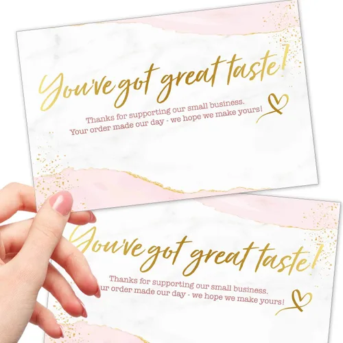 50 tarjetas extragrandes de agradecimiento a clientes por sus pedidos. 4 x 6 pulgadas. Con texto y detalles dorados o de color oro rosa. Con texto