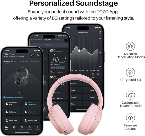 Miniatura 4 de TOZO Auriculares híbridos HT3 con cancelación de ruido, audio espacial AI Chat con 5 micrófonos, reloj inteligente S8 AMOLED para mujer, pantalla a
