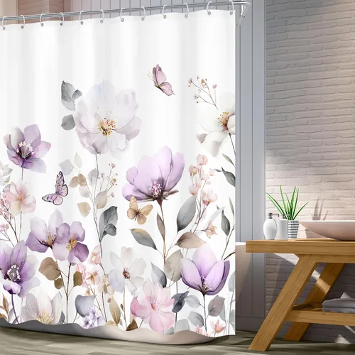 Miniatura 3 de Cortina de ducha floral púrpura de 60 pulgadas de ancho x 72 pulgadas de largo, flor de lavanda, rústico, elegante, pastel, botánico, acuarela