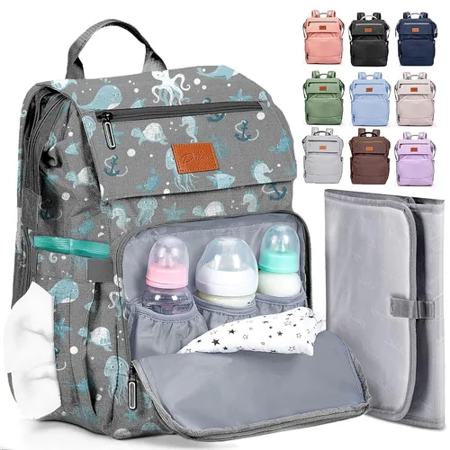 Miniatura 22 de PILLANI Mochila para Pañales de Bebé - Bolsa Grande para Niños y Niñas, Mochila Impermeable para Pañales - Bolsas de Pañales de Viaje con R. Beige