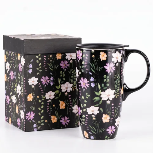Taza de café de cerámica de 17 onzas con tapa y asa, taza de viaje floral púrpura, apta para microondas y lavavajillas, taza de café grande con caja