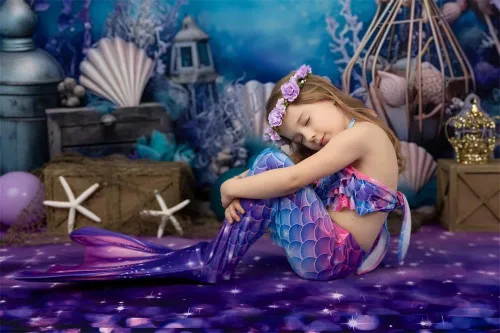 Miniatura 2 de Kate Fondo de sirena de concha de mar profundo azul púrpura cuento de hadas fondo submarino fotografía fondos 7x5ft