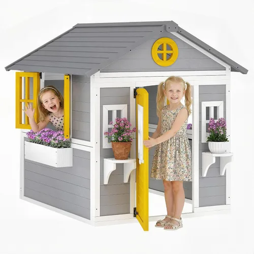 Miniatura 10 de Outsunny - Casa de juegos para niños al aire libre, casa de juegos de madera con puerta holandesa, ventanas, soportes para flores y cajas para niños