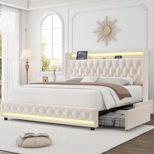 Miniatura 13 de HIFIT Marco de cama tapizada tamaño individual LED con cabecera de estación de carga y 4 cajones de almacenamiento, marcos de cama de plataforma