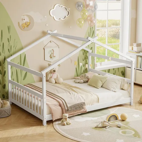 Miniatura 11 de KOMFOTT Cama de Casa de Madera Twin para Niños, Marco de Cama de Piso de Perfil Bajo con Techo, Cabecera y Pie de Cama para Niños y Niñas, No