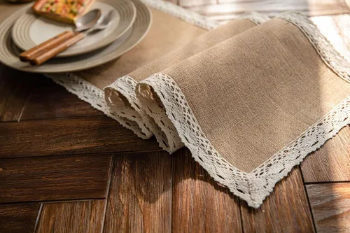 Camino de mesa de yute natural rústico para mesa de comedor de granja con dobladillo de encaje para boda, fiesta, camino de mesa lavable, camino de
