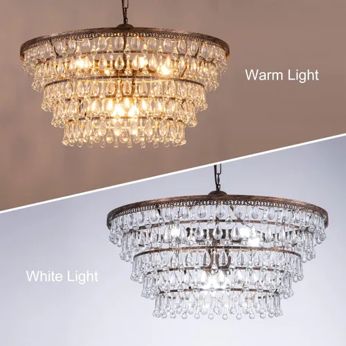 Miniatura 5 de Wellmet - Candelabro de cristal de estilo granja, 5 niveles, lámparas de luz de cristal colgantes, modernas, de bronce, para techo, lámparas