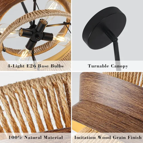 Miniatura 6 de Lámpara de araña de ratán tejida a mano de 19.7 pulgadas para comedor, lámpara bohemia de granja de 4 luces con textura de madera, lámpara colgante