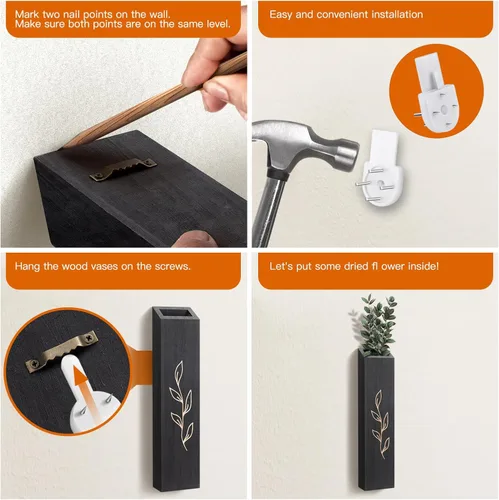 Miniatura 5 de Macetero de pared de madera, paquete de 4 jarrones de pared con bolsillo para interiores, decoración para sala de estar, dormitorio, flores secas