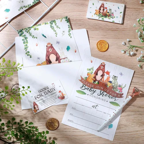 Miniatura 7 de Containlol Juegos de 28 invitaciones para baby shower de animales del bosque, boletos para rifas de pañales, tarjetas de solicitud de libro de baby