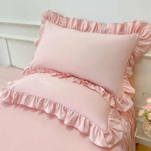 Miniatura 5 de MOOWOO Ropa de cama para niñas – Funda de edredón con volantes en cascada – 2 piezas Shabby Chic Color sólido suave y transpirable con cierre de Rosa