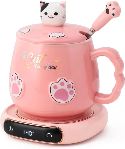 Miniatura 8 de Calentador de tazas de café y lindo juego de tazas de gato, calentador de tazas de bebidas para escritorio, oficina en casa con 4 ajustes