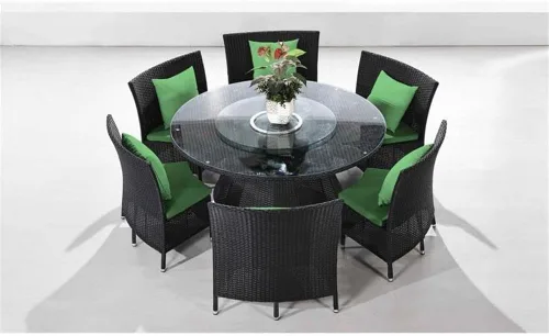 Miniatura 3 de Manhattan Comfort Nightingdale - Juego de comedor para exteriores de 7 piezas con cristal redondo Lazy Susan, incluye 6 sillas de ratán, cojines