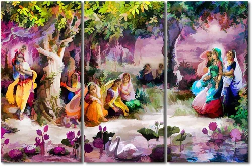 Miniatura 23 de Pintura india hindú Dios Señor Krishna imágenes sobre lienzo, arte de pared de 3 piezas, arte de pared moderno, decoración del hogar para sala