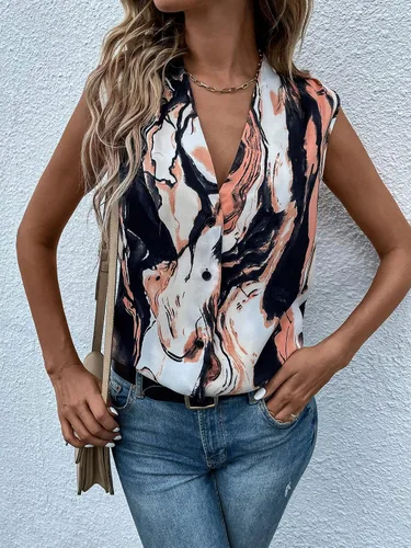 Miniatura 4 de Milumia Camiseta sin mangas con estampado de mármol y cuello en V y botones para mujer