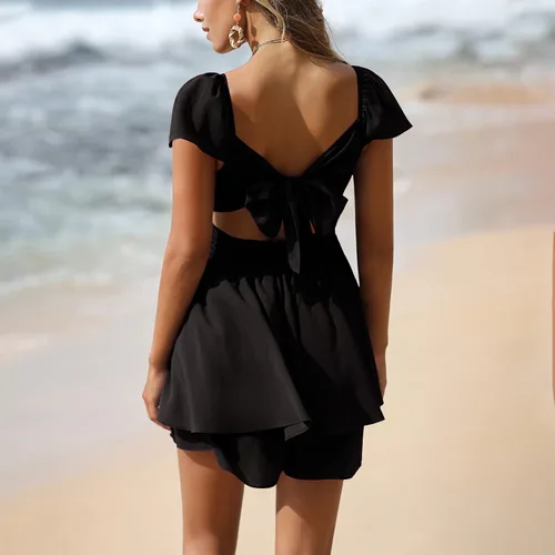 Miniatura 2 de EXLURA Vestido de verano para mujer, con volantes, manga corta, con lazo en la espalda, cuello cuadrado, acampanado, lindo y corto