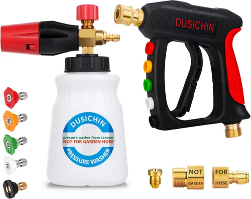 DUSICHIN Pistola de lavado a presión corta de cañón de espuma, conector rápido de 1/4 de pulgada, 5 puntas de boquilla para lavadora a presión,
