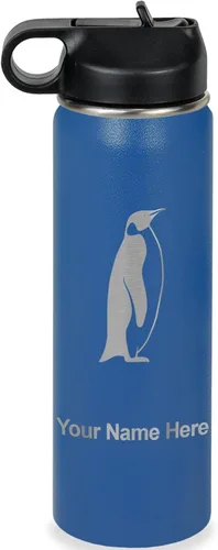 Miniatura 29 de LaserGram Botella de agua personalizada, pingüino, acero inoxidable de doble pared aislada al vacío con popote superior, regalo grabado