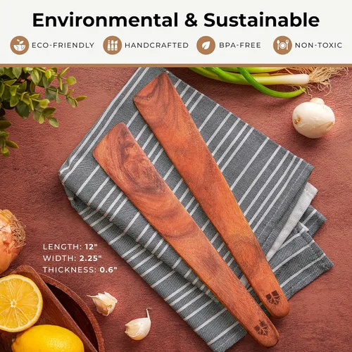 Miniatura 4 de Juego de espátula de madera para cocinar, espátula de teca de 2 a 12 pulgadas para sartén antiadherente, girador y aleta para rascador de hierro