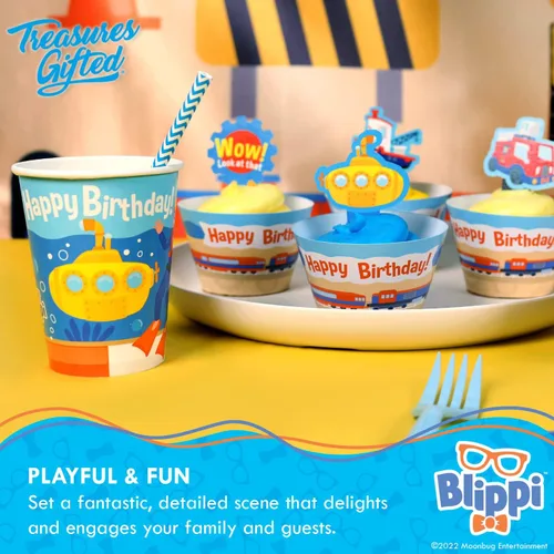 Miniatura 6 de Treasures Gifted Suministros para fiesta de cumpleaños con licencia oficial de Blippi, sirve para 16 invitados, juego clásico de vajilla