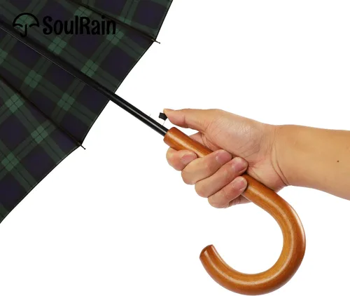 Miniatura 33 de SoulRain Paraguas de palo de 16 varillas de 48 pulgadas, apertura automática, color sólido, moderno y simple, mango de madera clásico de arco