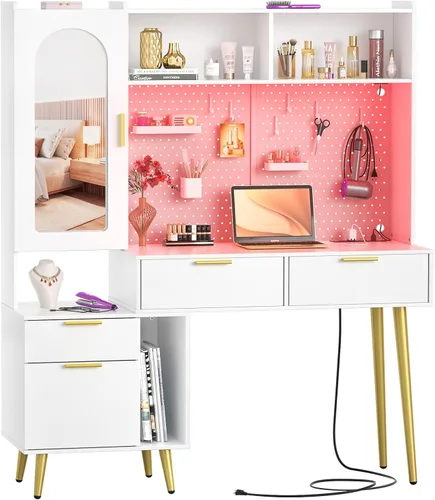 Armocity Tocador de maquillaje de 48 pulgadas con aparador, tocador de dormitorio blanco con estación de carga y LED, mesa de tocador alta con