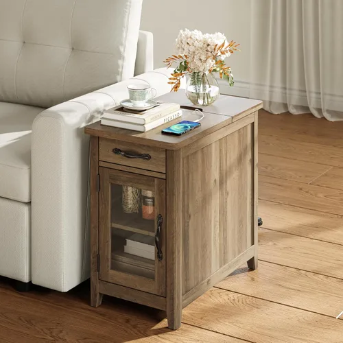 Miniatura 2 de LINSY HOME Juego de 2 mesas auxiliares con estación de carga, mesa auxiliar moderna de estilo granja para sofá, mesa auxiliar de madera para Marrón