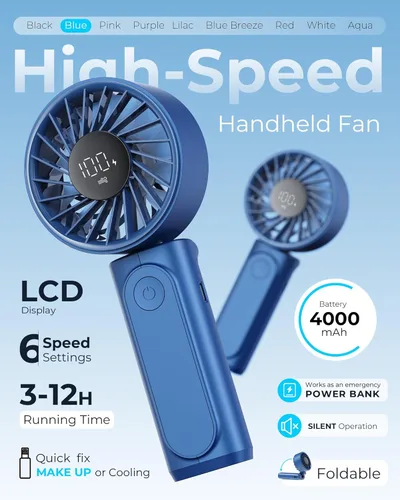 Miniatura 2 de Ventilador de mano, ventilador portátil, ventilador personal recargable de 4000 mAh, mini ventilador de escritorio plegable de 180° con 6 Azul