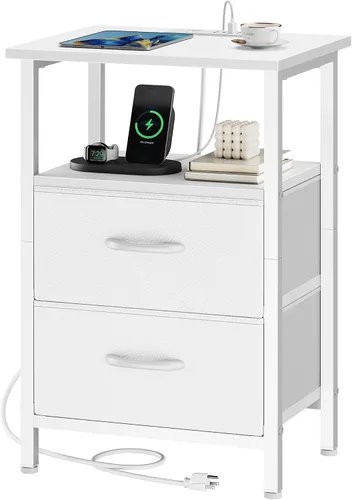 Miniatura 9 de Vagusicc Nightstand with Charging Station, End Table Bedside Table with 2 Fabric Drawers, Black Night Stand with USB Ports & Outlets, 24.2" Tall Bed