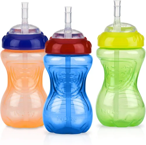 Nuby Vaso antiderrames con popote flexible (paquete de 3) botellas de 10 onzas, vasos para sorber para niños pequeños de 12 meses en adelante, tazas