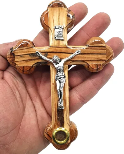 Miniatura 11 de Zuluf Cruz latina de madera de olivo de 7.8 "con crucifijo chapado en plata, regalo de pared cristiana de Belén Tierra Santa CRS064